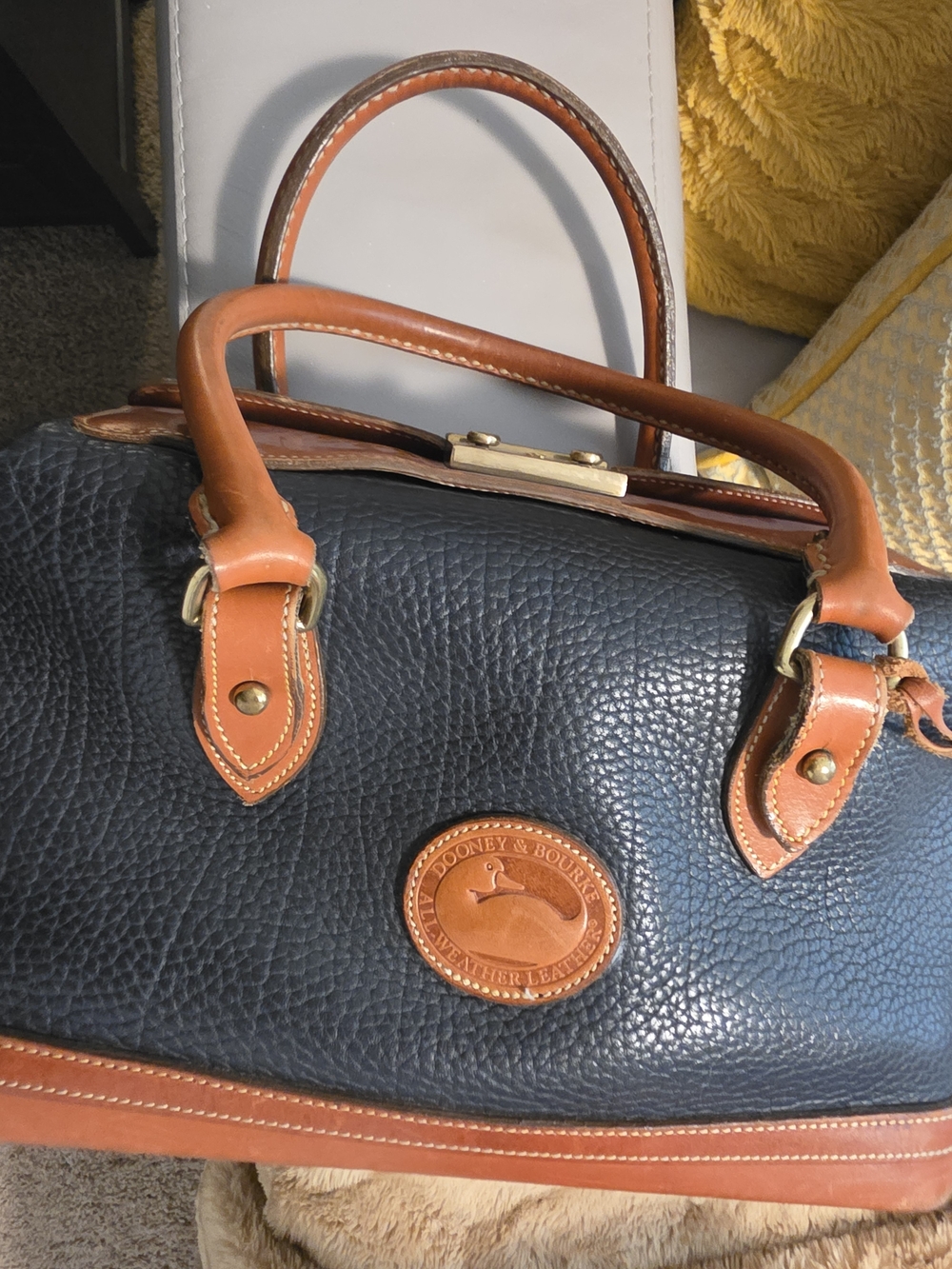 Vintage Dooney & Bourke All-Weather Leather Navy & British Tan Satchel